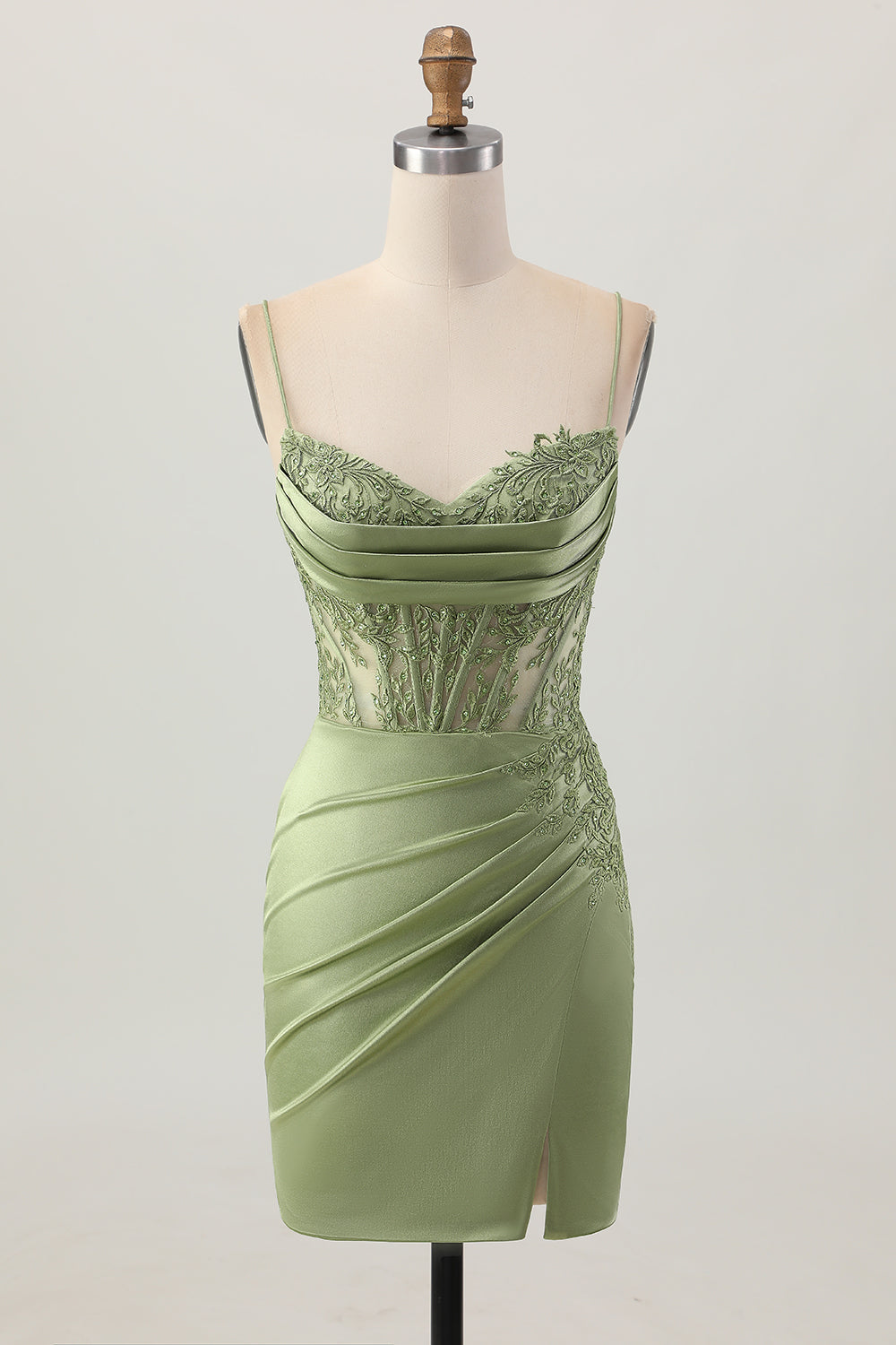 Bodycon Sage Green Appliqued Corset Homecoming Dress With Slit