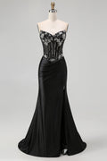 Black Beaded Strapless Corset Mermaid Prom Dress with Slit