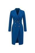 Ink Blue Double Breasted Notched Lapel Midi Blazer Dress With Belt