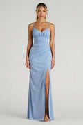 Sheath Ruched Light Blue Bridesmaid Dress With Slit