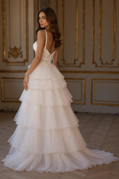 Tiered A-Line Ivory Appliqued Bridal Dress With Slit