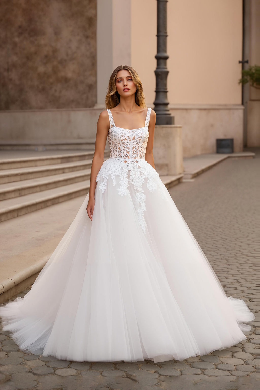 Ivory Square Neck Appliqued Bridal Gown Dress