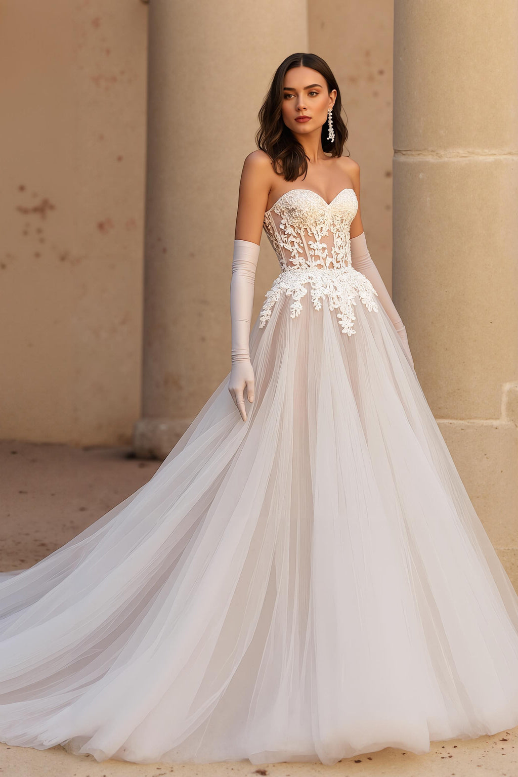 Ivory A-Line Tulle Sweetheart Corset Appliqued Wedding Dress (Without Gloves)