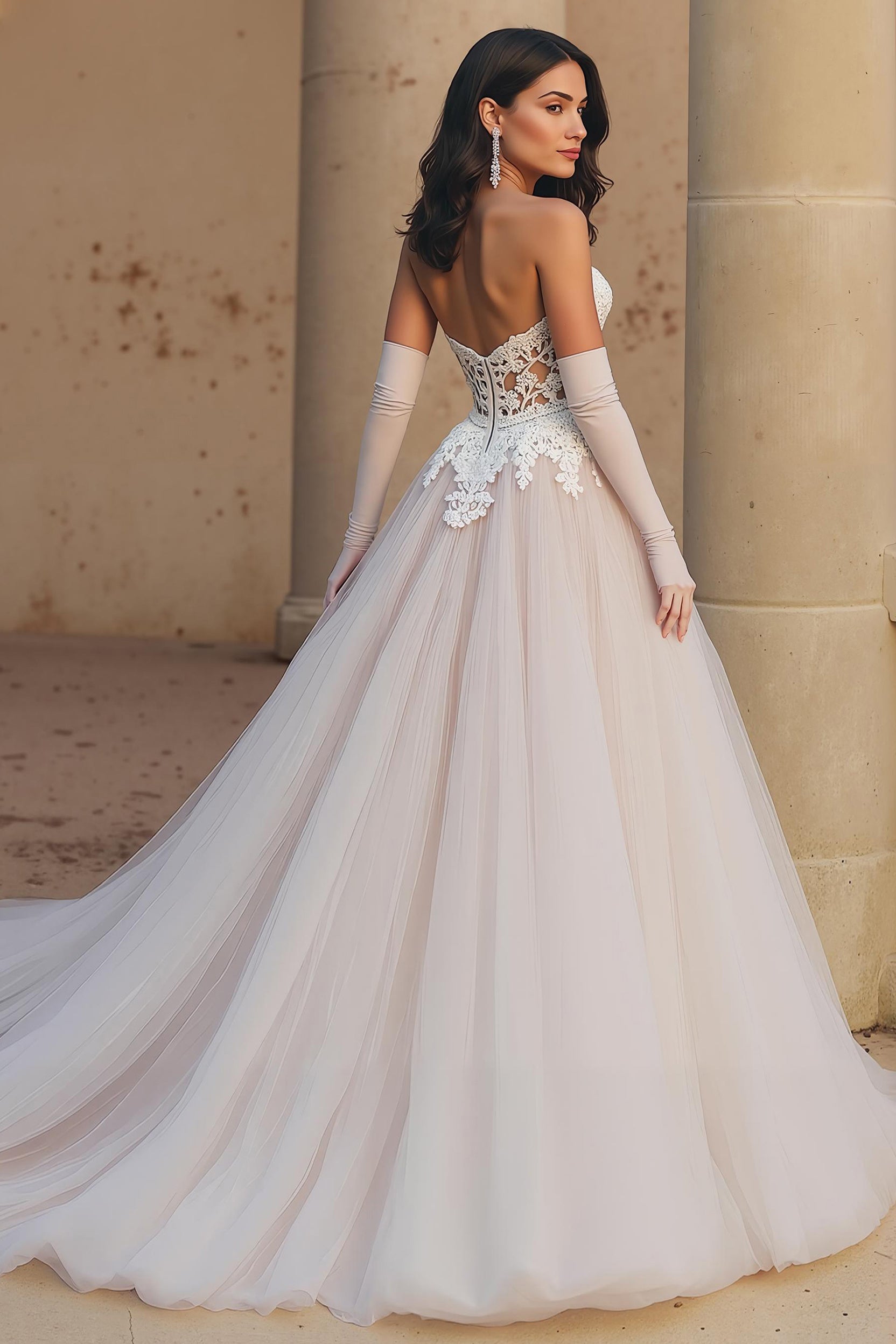 Ivory A-Line Tulle Sweetheart Corset Appliqued Wedding Dress (Without Gloves)