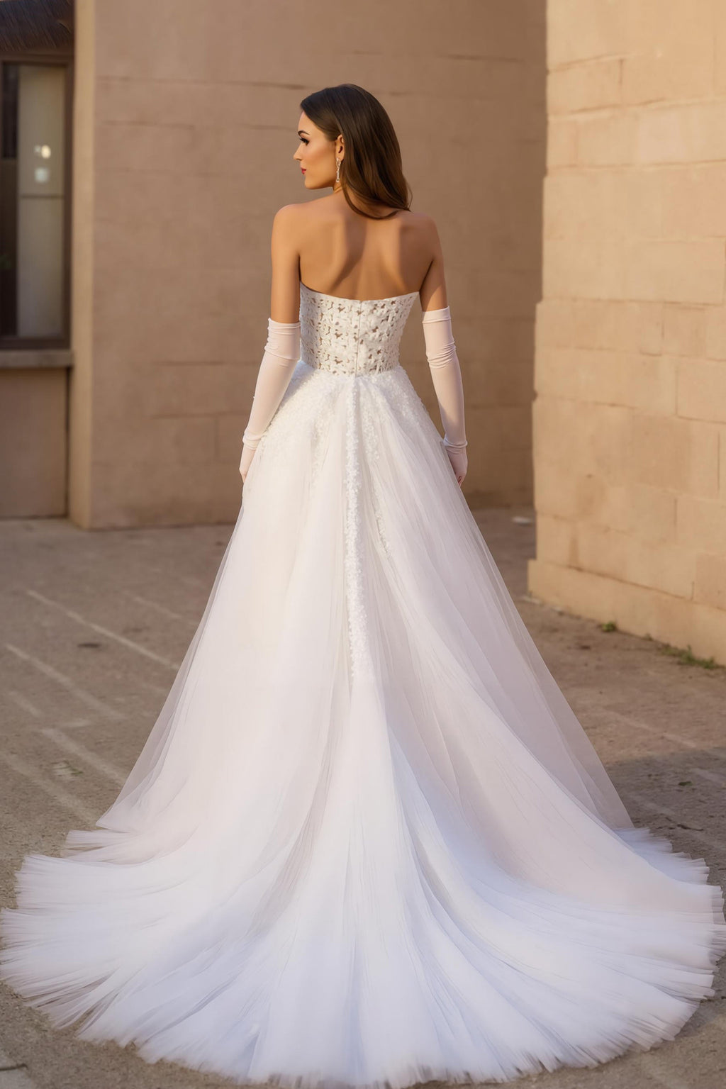 Corset Strapless A-Line Ivory Bridal Dress With Appliques (Without Gloves)