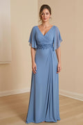 Dusty Blue V-Neck A-Line Chiffon Mother Of The Bride Dress With Appliques