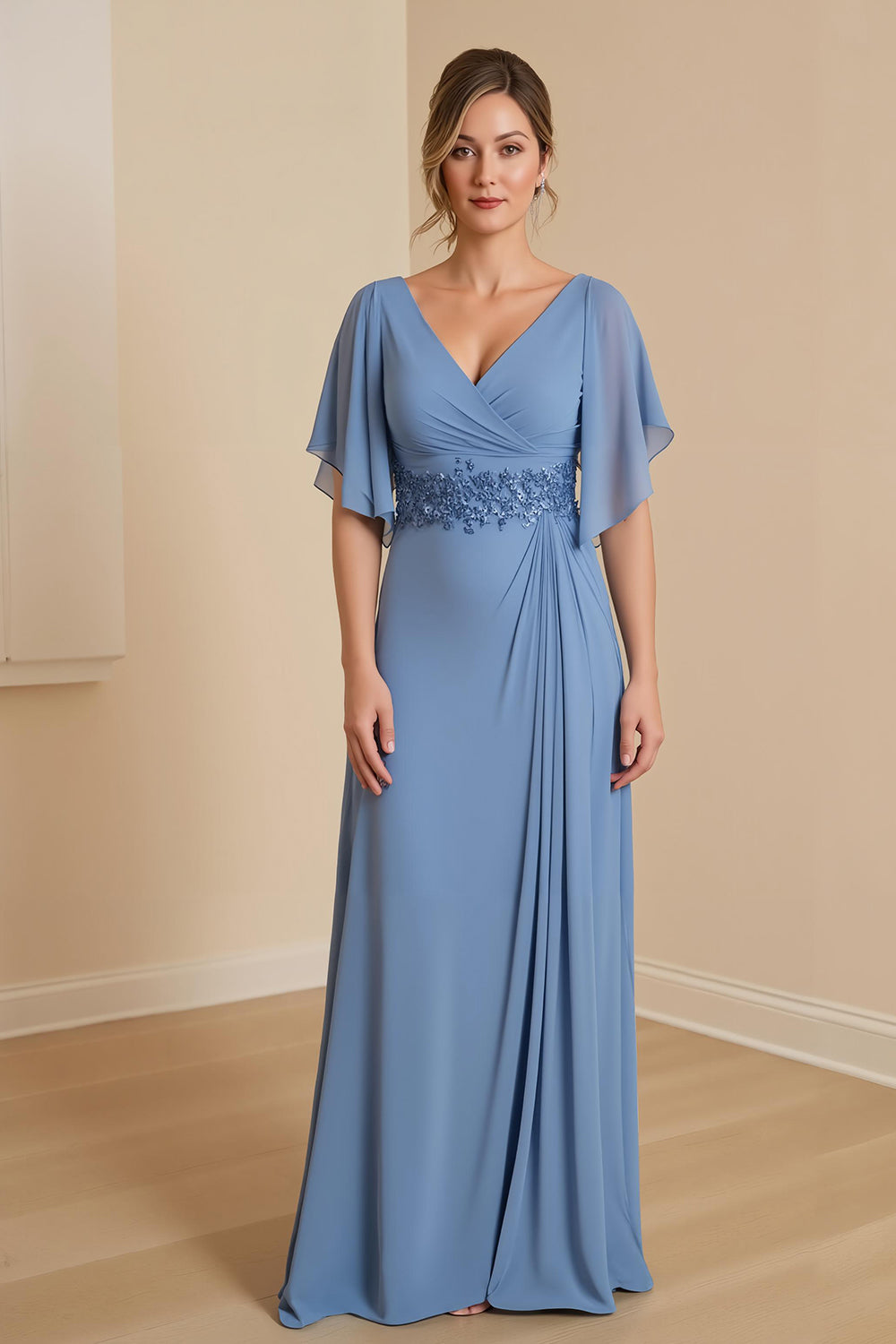 Dusty Blue V-Neck A-Line Chiffon Mother Of The Bride Dress With Appliques
