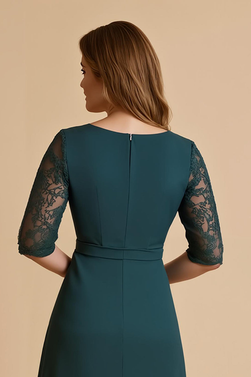 Pine A-Line Ruched Midi Mother Of The Bride Dress With Lace