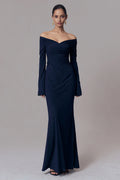 Off The Shoulder Navy Sheath Formal Dress with Long Sleeves