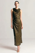 Sparkly Cowl Neck Olive Wedding Guest Dress
