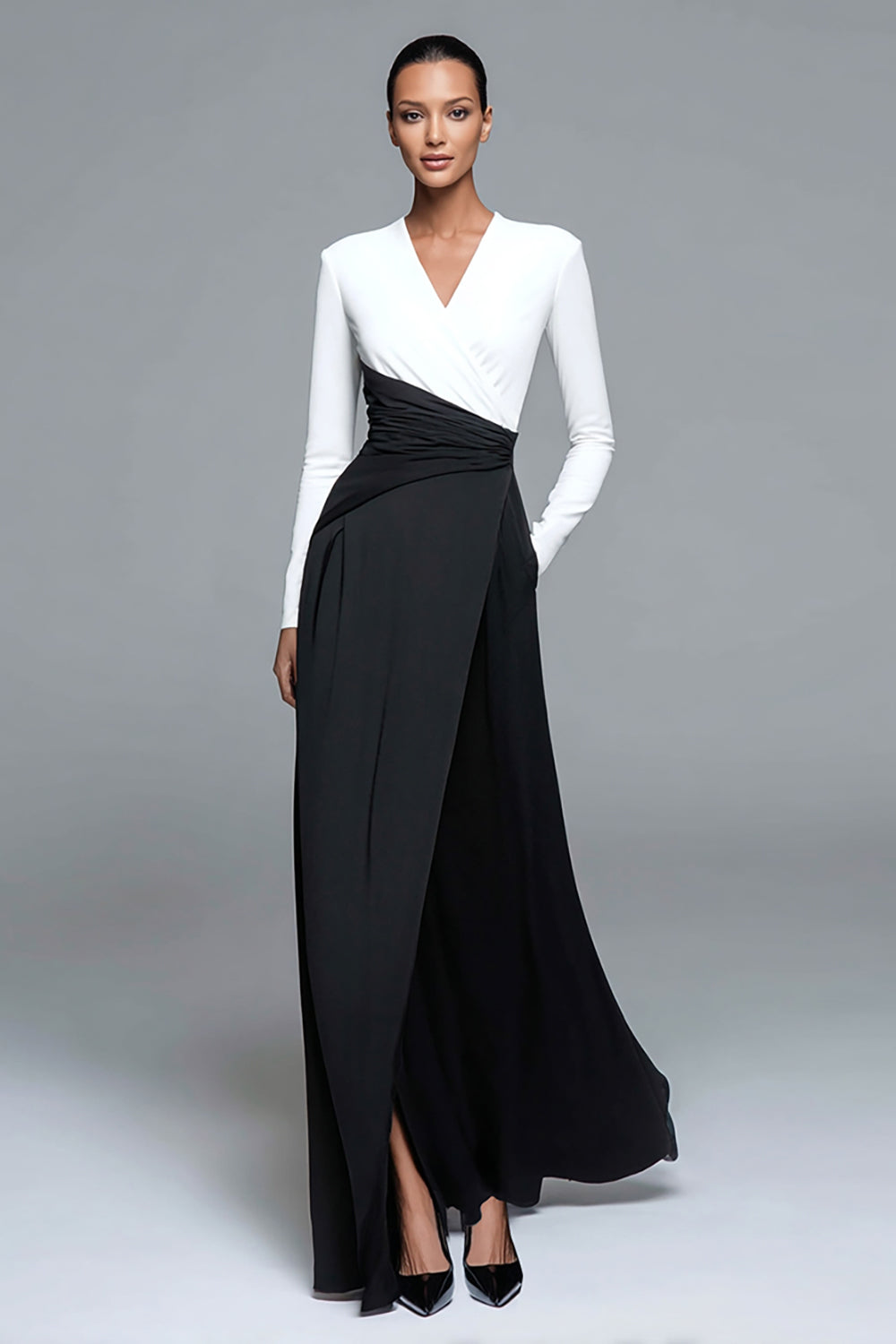 Black and White V-Neck Formal Dress with Long Sleeves
