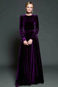 Dark Purple A Line Velvet Long Sleeve Formal Dress