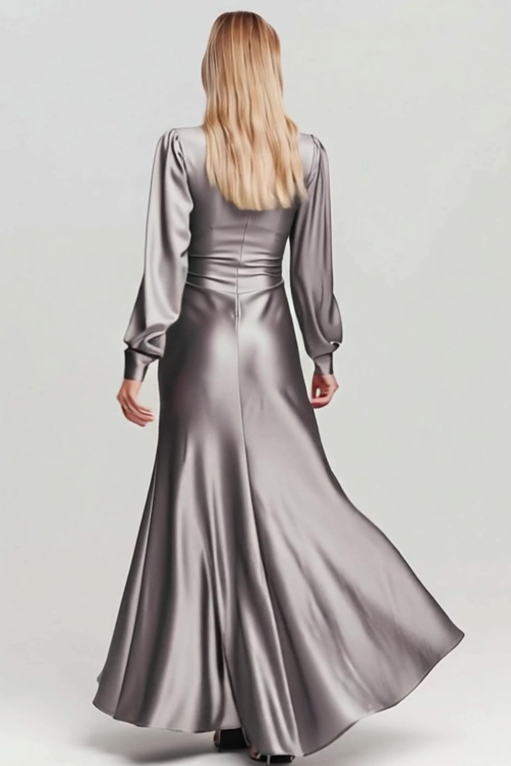 Grey V-Neck Long Sleeve Satin Sheath Formal Dress