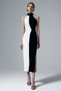 Black and White Bodycon Semi-Formal Dress with Slit