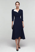 Black And White A-Line V-Neck Midi Work Dress With 3/4 Sleeves