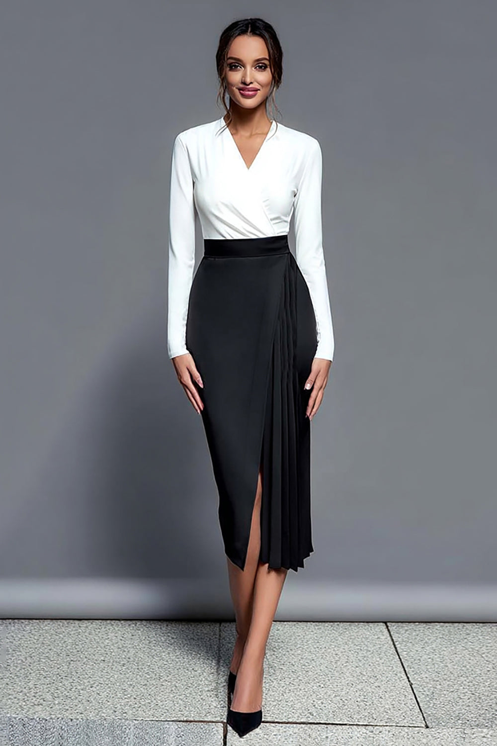 Pencil Black and White Long Sleeve Midi Dress With Slit