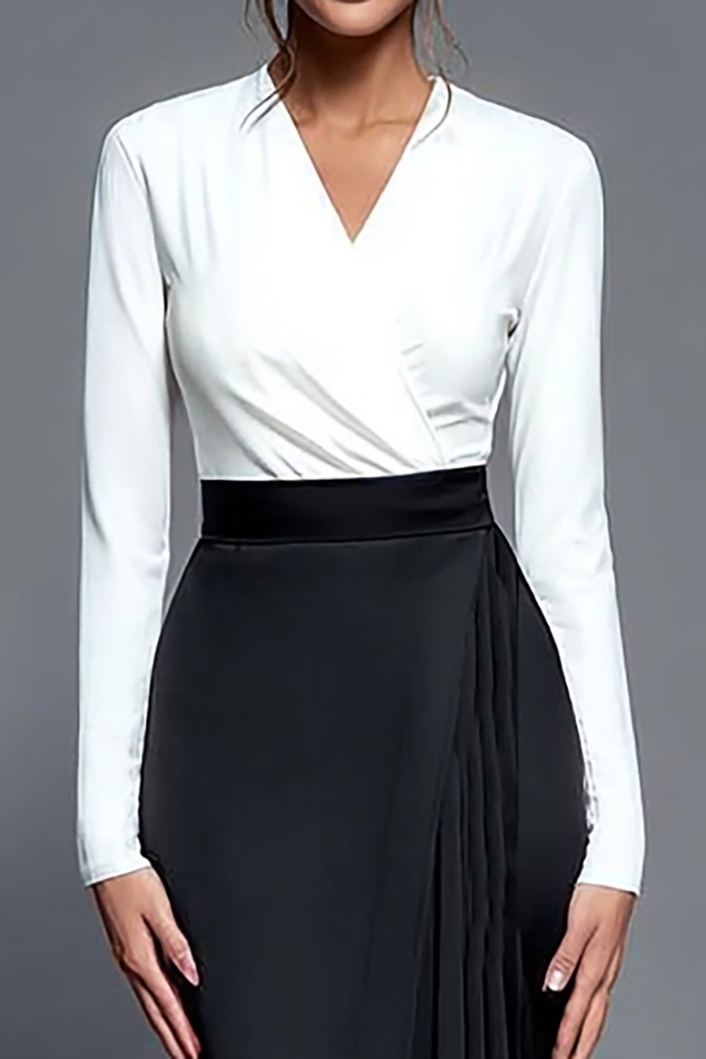 Pencil Black and White Long Sleeve Midi Dress With Slit