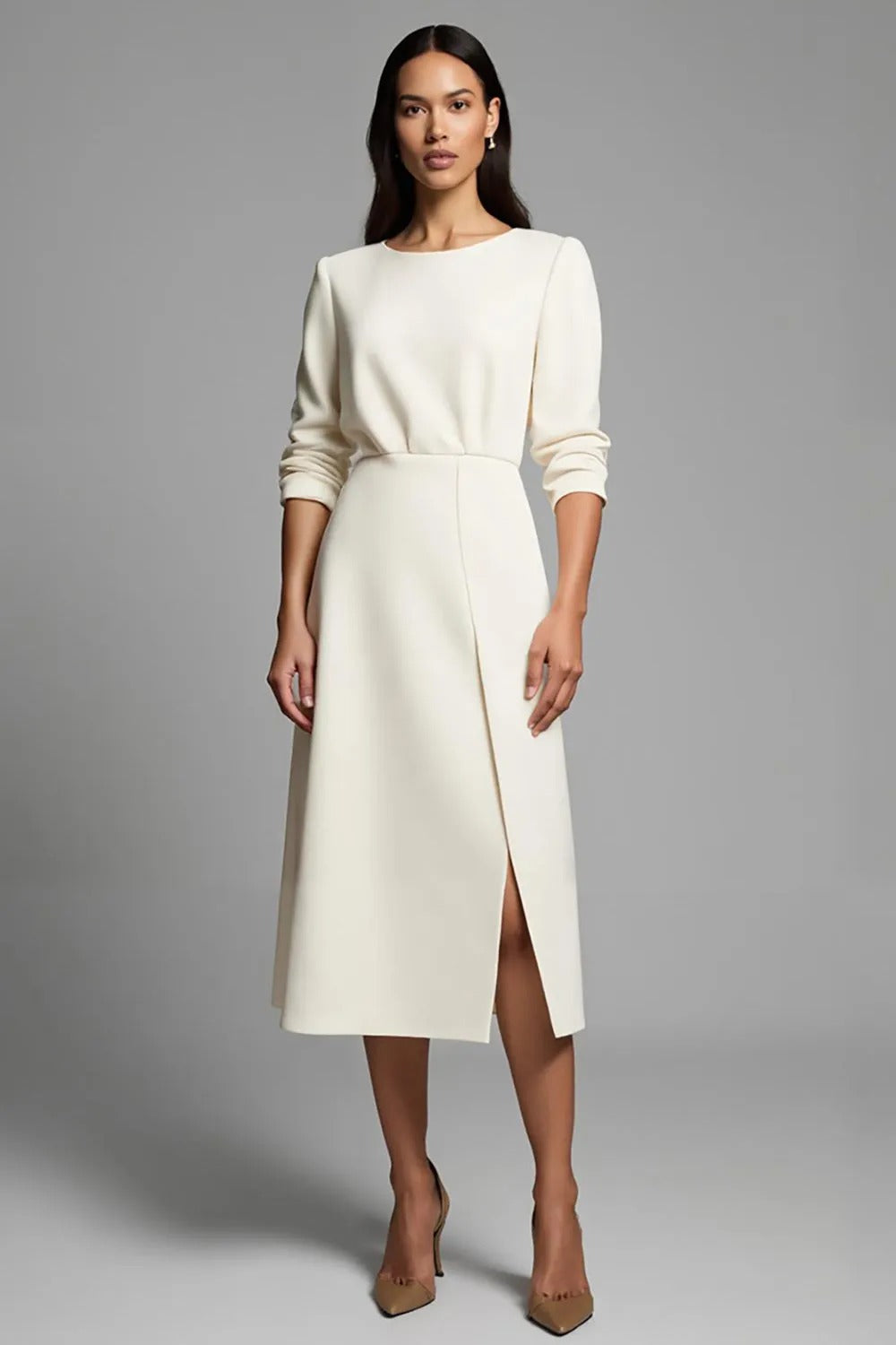 Ivory A-Line Midi Work Dress With Slit