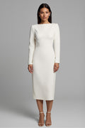 Ivory Sheath Long Sleeve Midi Work Dress with Slit