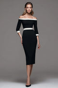 Off The Shoulder Black and White Pencil Work Dress