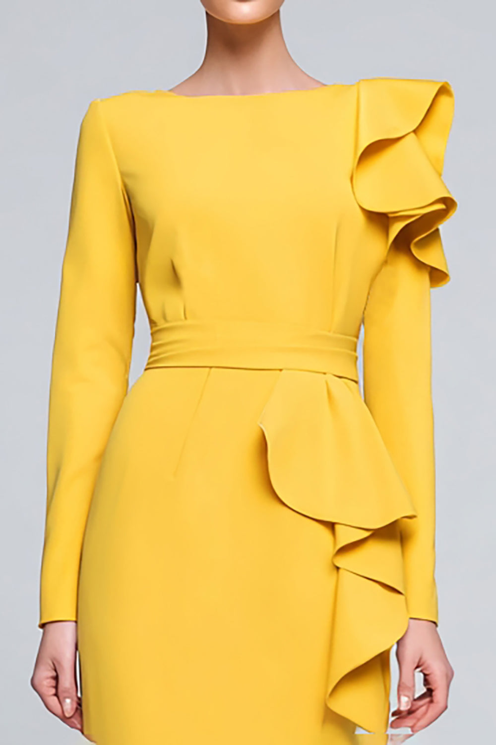 Yellow Long Sleeve Sheath Midi Work Dress With Ruffles