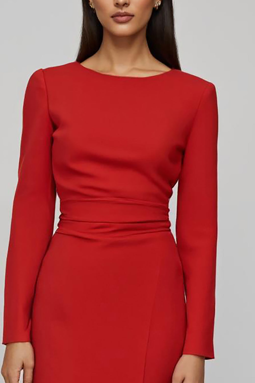 Red Sheath Long Sleeve Work Dress With Slit