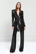 Peak Lapel Sequined Black 2-Piece Women Prom Suits With Sash