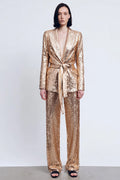 2-Piece Sparkly Gold Peak Lapel Women Prom Suits With Sash