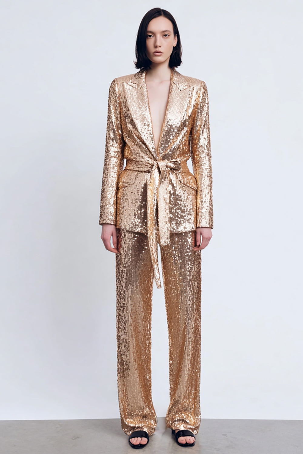 2-Piece Sparkly Gold Peak Lapel Women Prom Suits With Sash