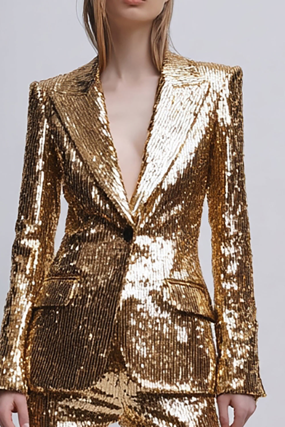 Gold Peak Lapel 2 Piece Women Prom Suits With Sequins