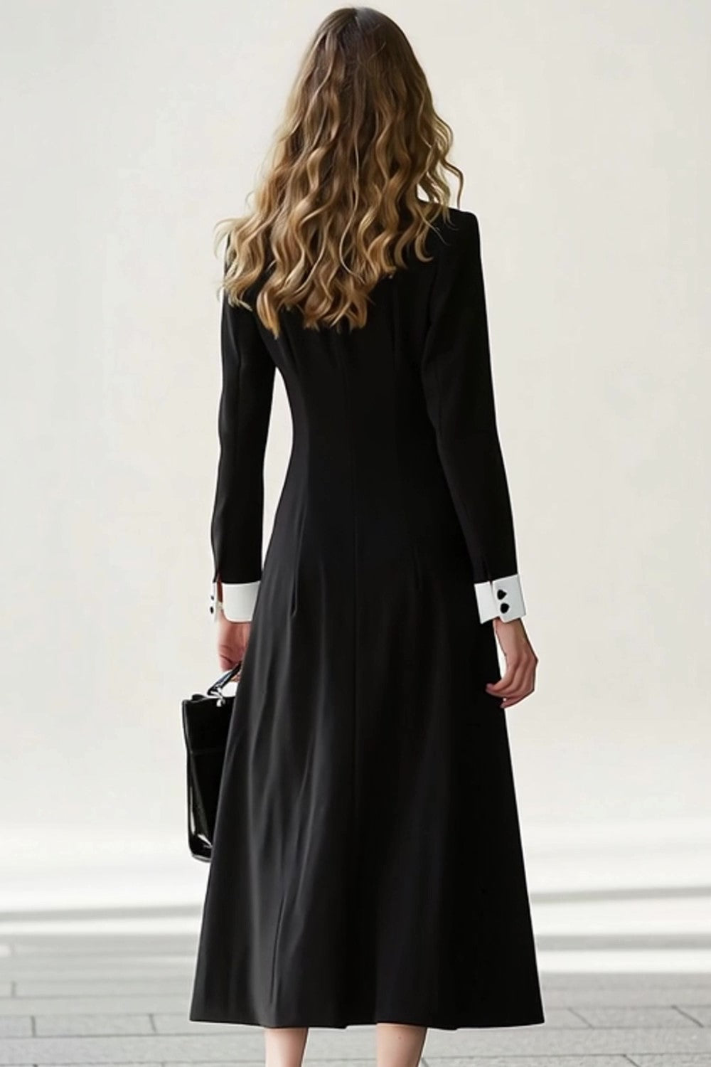 Black and White A-Line Notched Lapel Work Dress