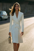 Sheath Ivory Double Breastes Peak Lapel Long Sleeve Work Dress