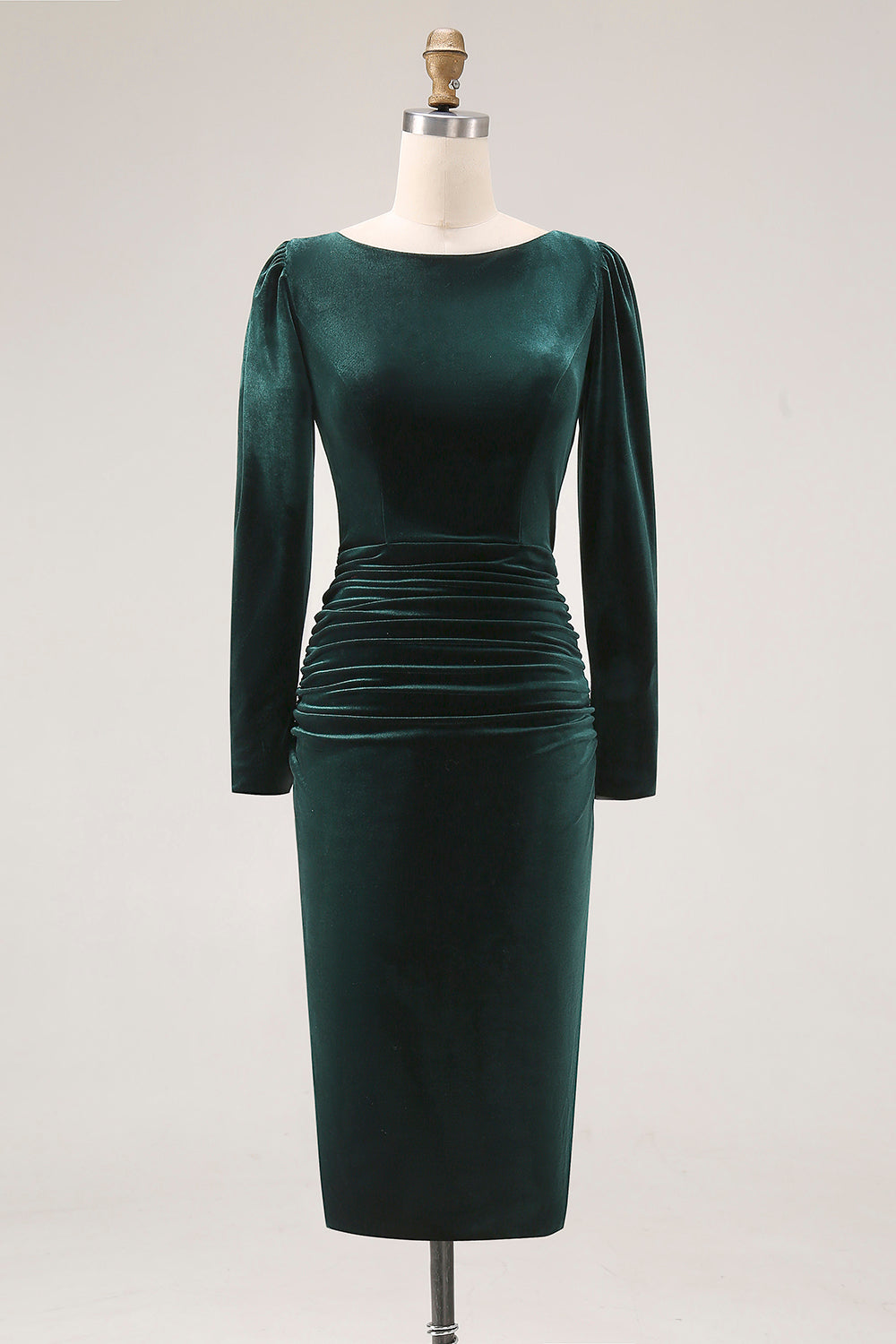 Pencil Velvet Long Sleeve Dark Green Work Dress