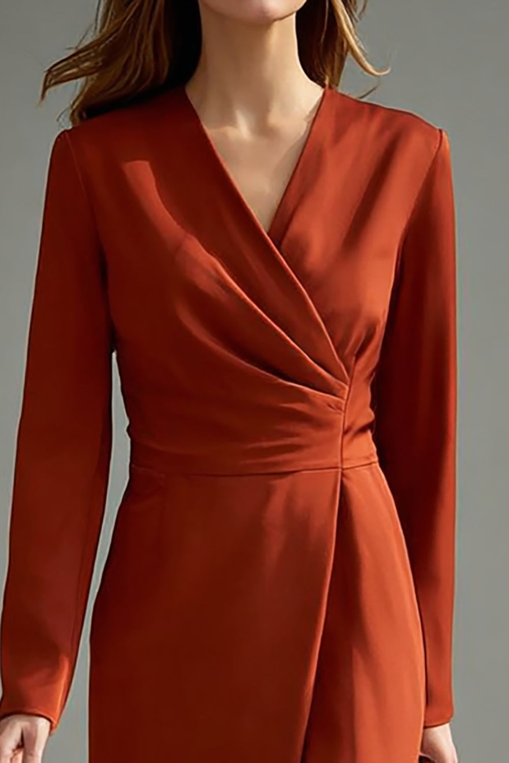 V-Neck Long Sleeve Pencil Terracotta Work Dress With Slit