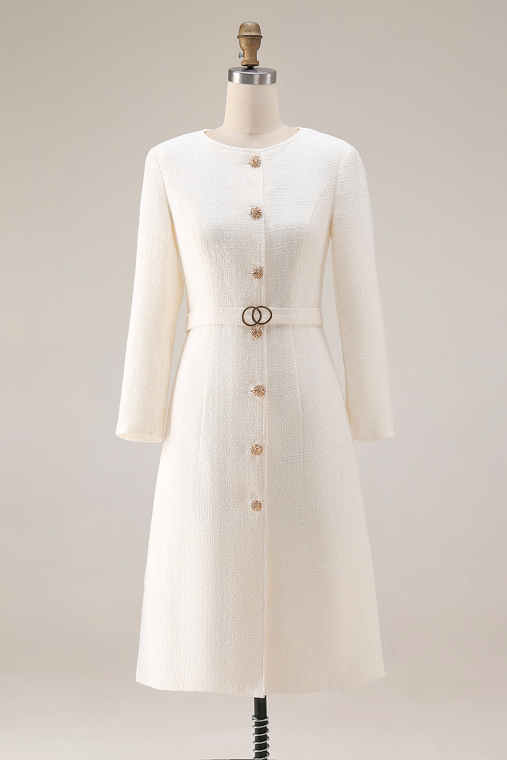 Ivory Tweed A-Line Round Neck Business Casual Dress With Belt