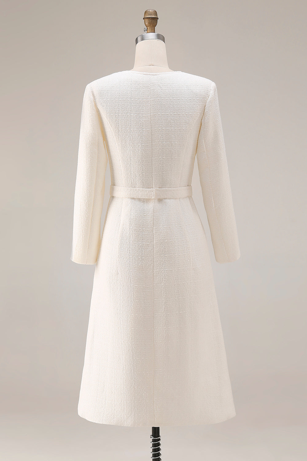 Ivory Tweed A-Line Round Neck Business Casual Dress With Belt