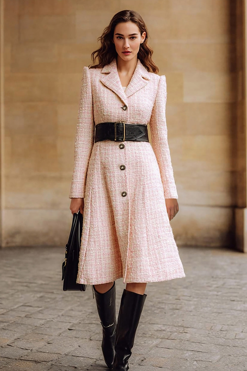 Pink Notched Lapel Long Sleeve Tweed Midi Work Dress（Without Belt）