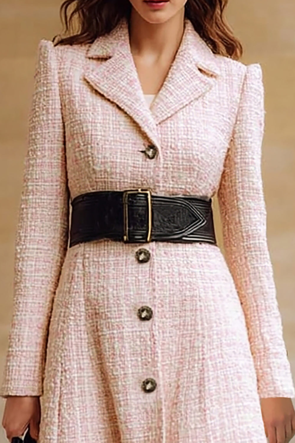 Pink Notched Lapel Long Sleeve Tweed Midi Work Dress（Without Belt）