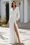 V-Neck Ivory Long Sleeve Sheath Engagement Dress With Slit