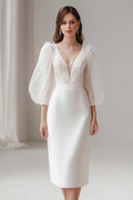 Ivory Bodycon V-Neck Satin Short Engagement Dress With Long Sleeves