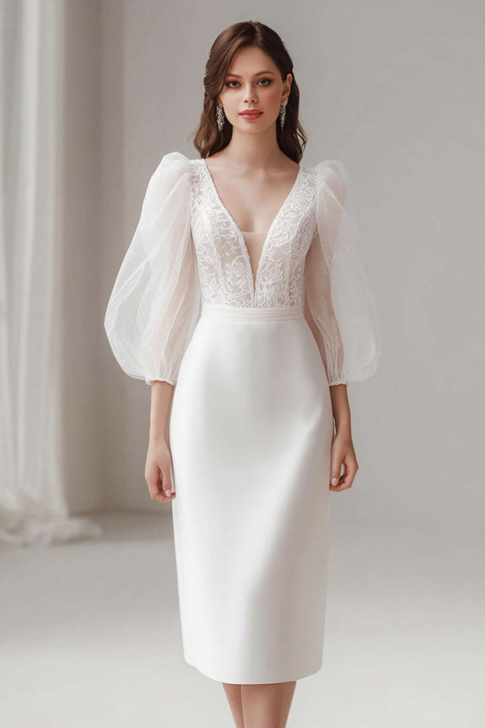 Ivory Bodycon V-Neck Satin Short Engagement Dress With Long Sleeves