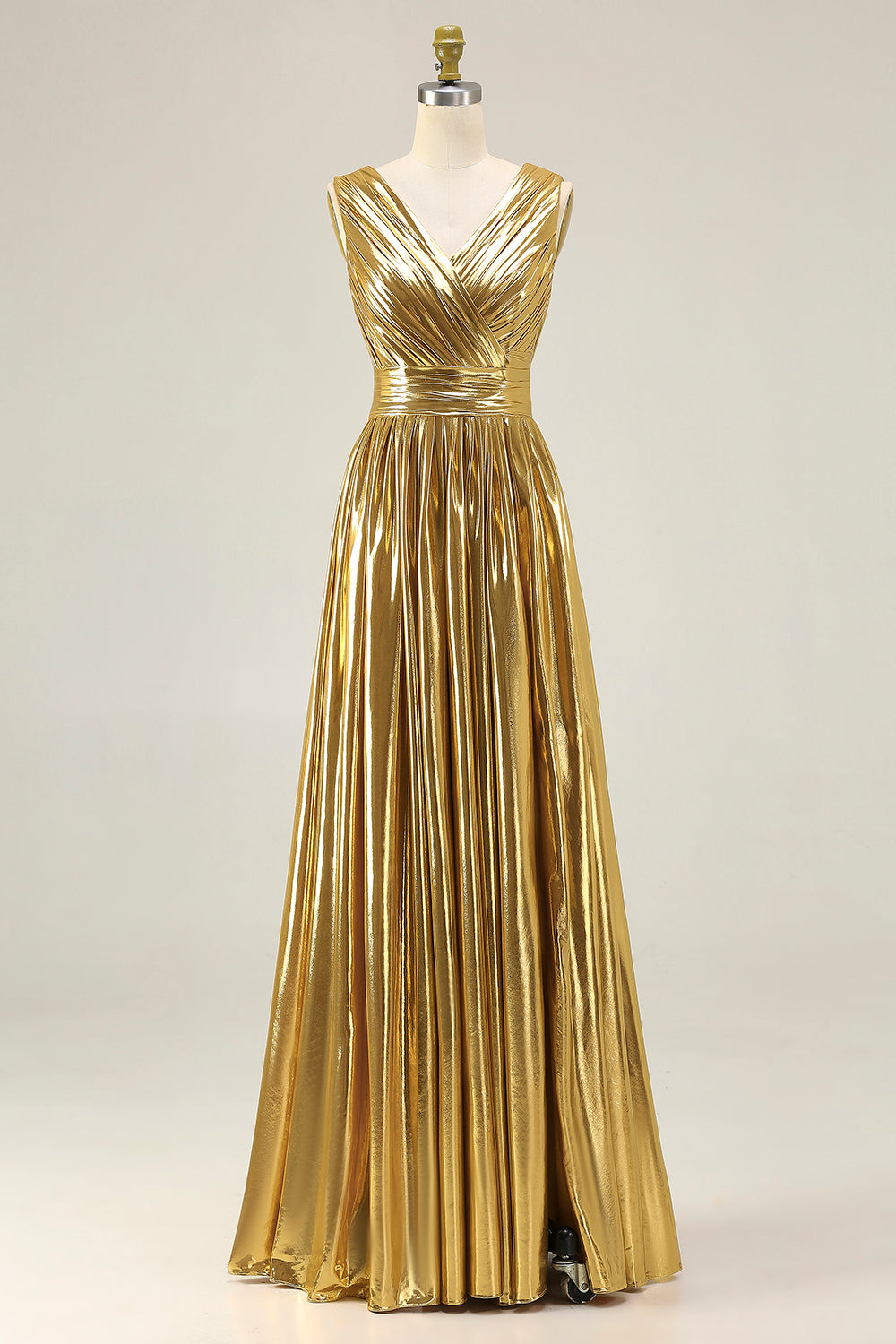 Gold A-Line V-Neck Pleated Formal Dress With Slit
