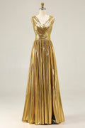 Metallic Gold Pleated A-Line V-Neck Formal Dress With Slit