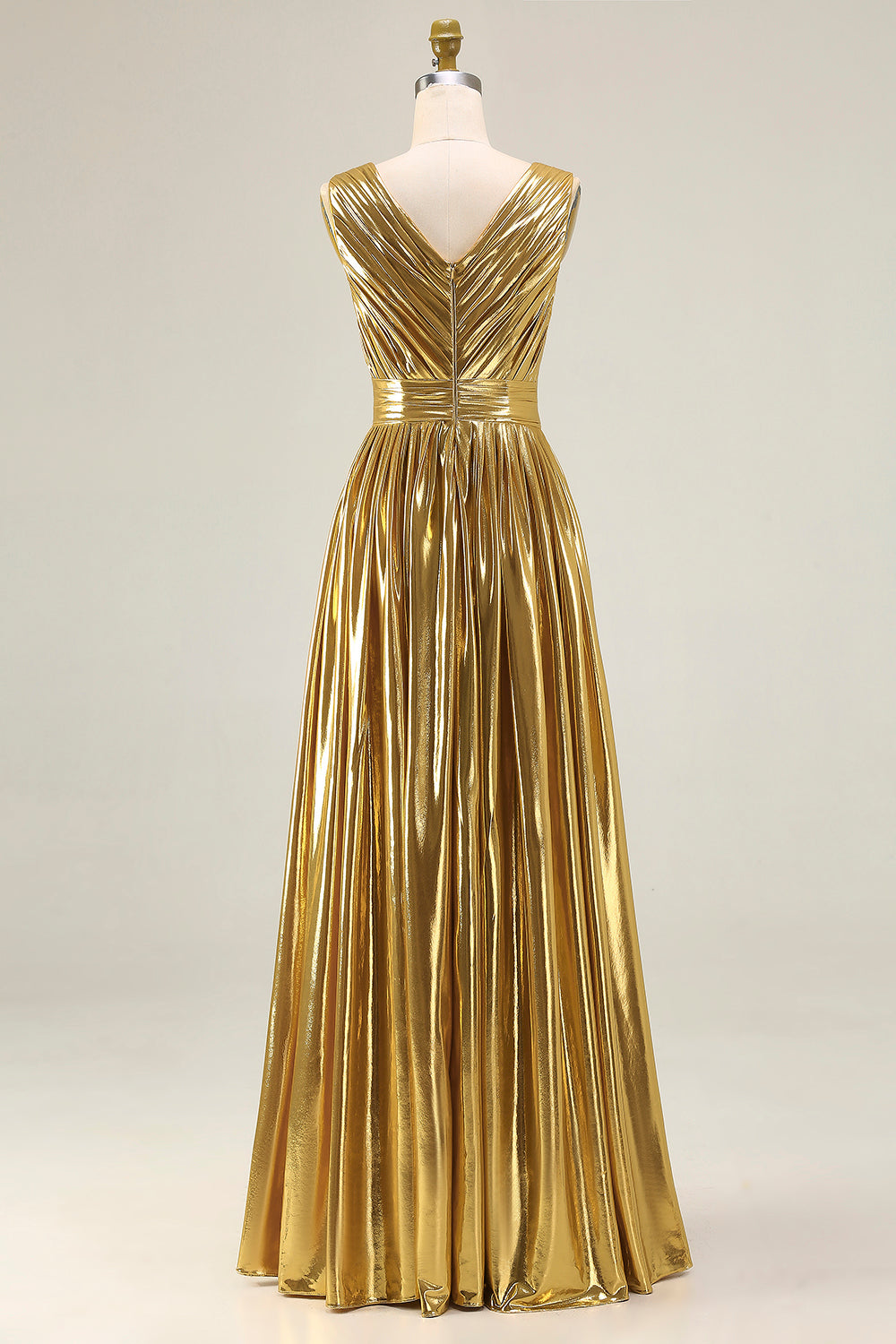 Gold A-Line V-Neck Pleated Formal Dress With Slit