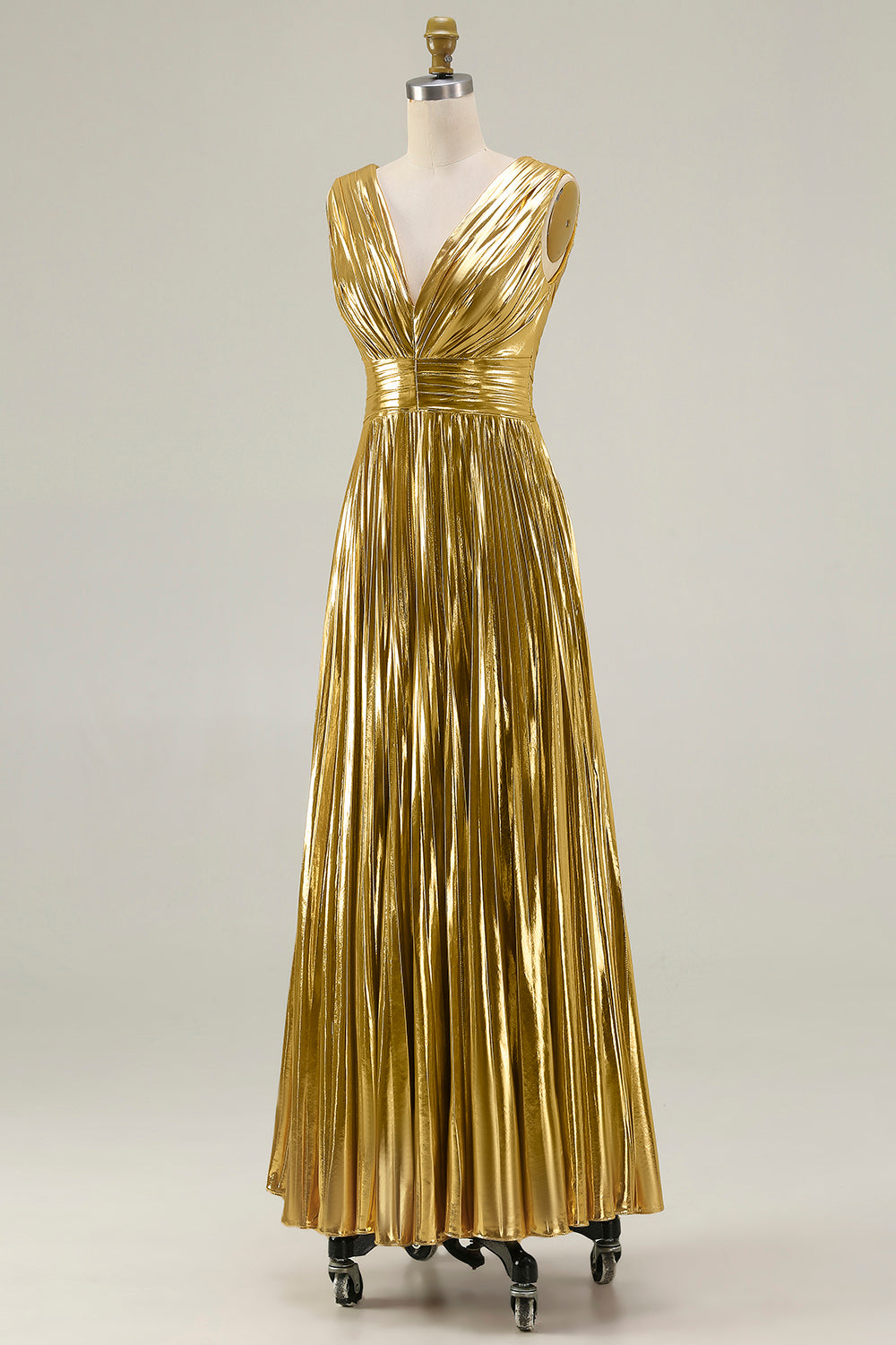 Metallic Gold A-Line Pleated V-Neck Prom Dress