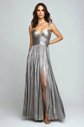 A-Line Silver Pleated Long Formal Dress With Slit