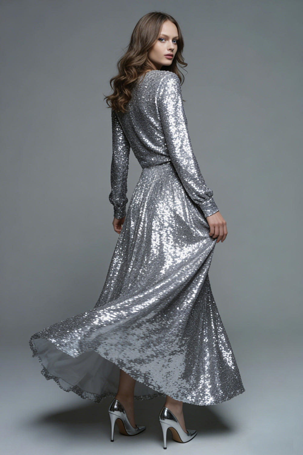 Long Sleeve A-Line Silver Formal Dress With Sequins