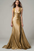 Metallic Gold Satin V-Neck Maxi Formal Dress