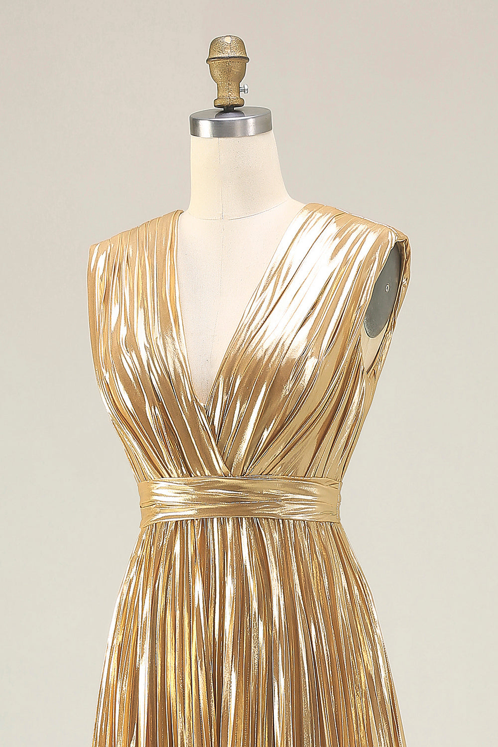 Sparkly Gold A-Line Metallic Pleated Prom Dress
