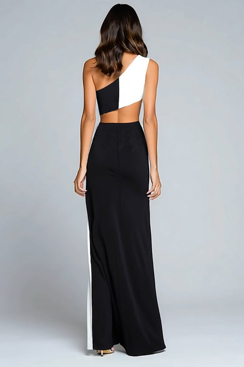 Black and White Sheath Cut Out One Shoulder Formal Dress With Slit